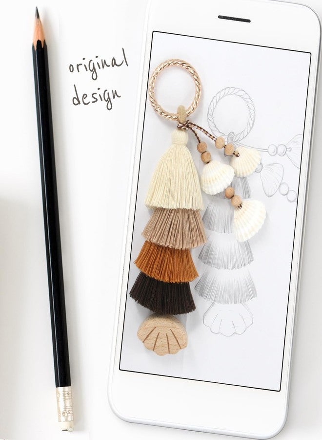 RUNROLE Handmade Tassel Charms Keychain with Wooden Hat Clip for Travel on Bag, Summer Beach Vocation Accessories for Women, Cruise Essentials 2025(Gradient Khaki) - Image 3